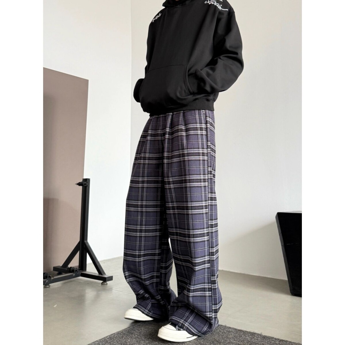 显瘦灰蓝格子休闲裤百搭拼接腰头抽绳阔腿裤宽松直筒长裤2025年