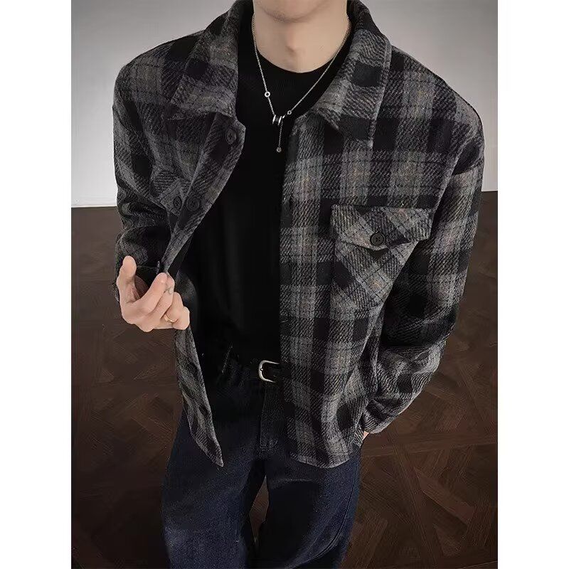 美式秋冬磨毛重磅加厚格子长袖衬衫复古潮流痞帅暗纹宽松工装外套