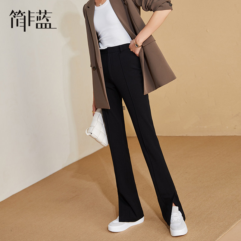 简非蓝开叉直筒裤女高腰长裤2022春季新款显瘦垂感阔腿黑色西装裤
