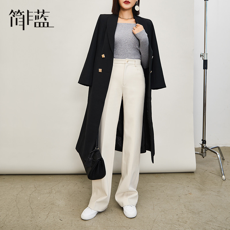 简非蓝米白色毛呢阔腿裤女秋冬垂坠感高腰直筒裤显瘦加厚拖地长裤