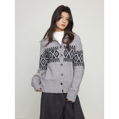 KEARA秋冬复古提花针织开衫女