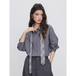显瘦内搭长袖 KEARA 女简约设计感通勤修身 雾灰色衬衫 上衣 2025新款