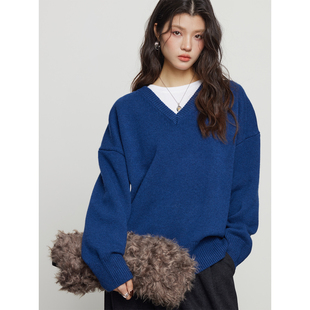 KEARA v领宽松针织毛衣女秋冬高级感气质简约上衣 蓝色绵羊毛长袖