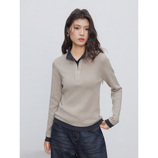 假两件长袖 KEARA 慵懒风大V领灰咖色针织上衣女长款 新款 上衣 冬季
