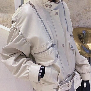 2023海宁新款小众真皮皮衣女短款欧货机车绵羊皮夹克外套