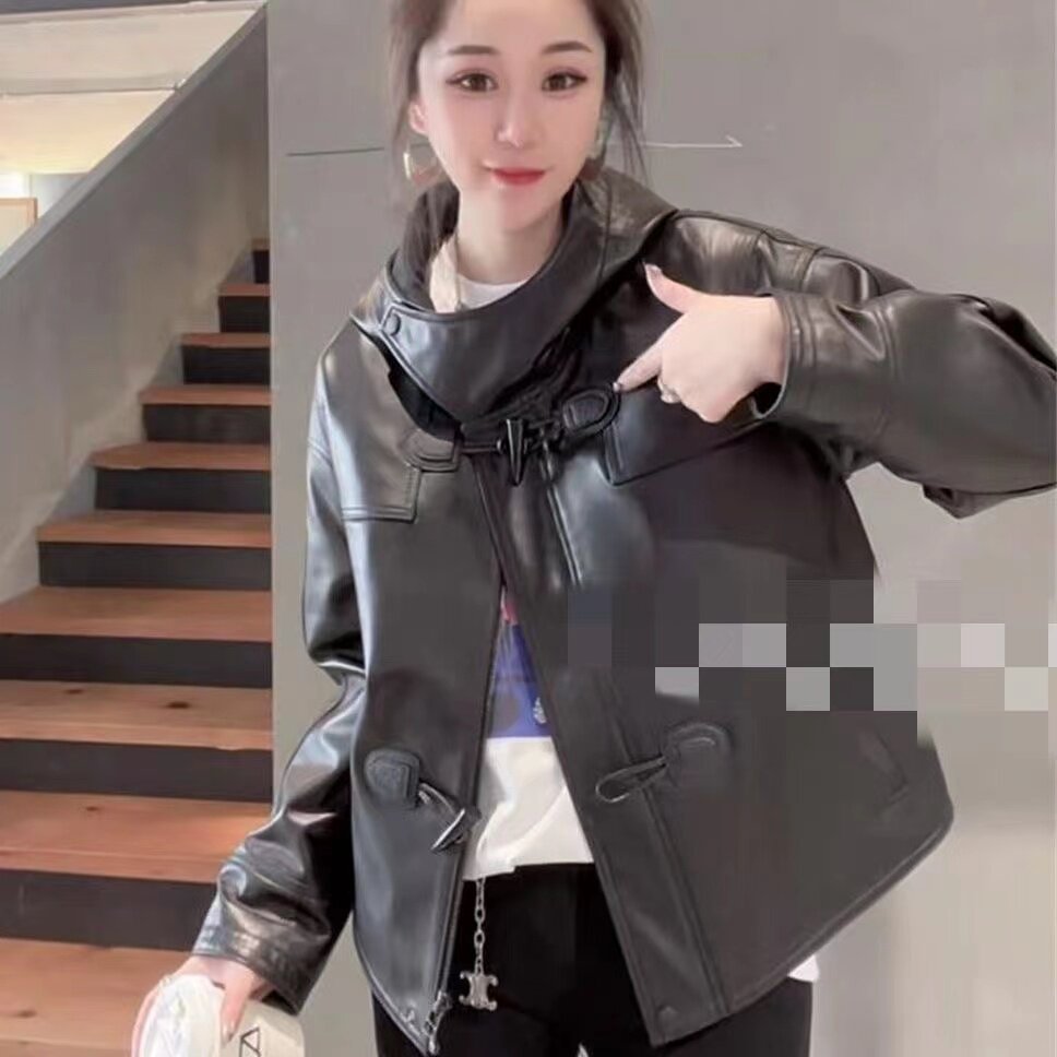 贝壳通勤短款牛角扣皮衣