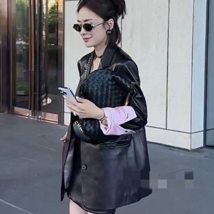 秋冬vivi同款真皮粉色袖西服领女中长款黑色修身绵羊皮风衣外套女