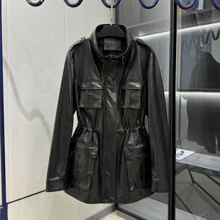 欧洲站2024春新款绵羊皮皮衣女立领拉链设计感中长款收腰真皮风衣