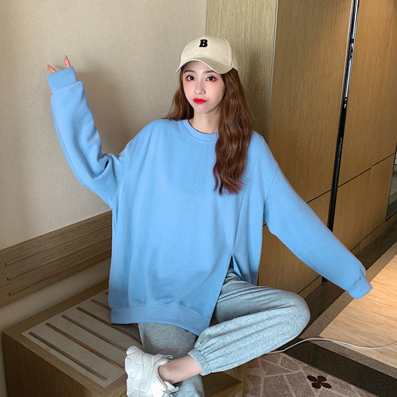 출산복 봄 가을 인터넷 연예인 긴팔 라운드 넥 스웨트 셔츠 슬릿 패션 대형 한국식 루즈 탑 출산복 트렌디