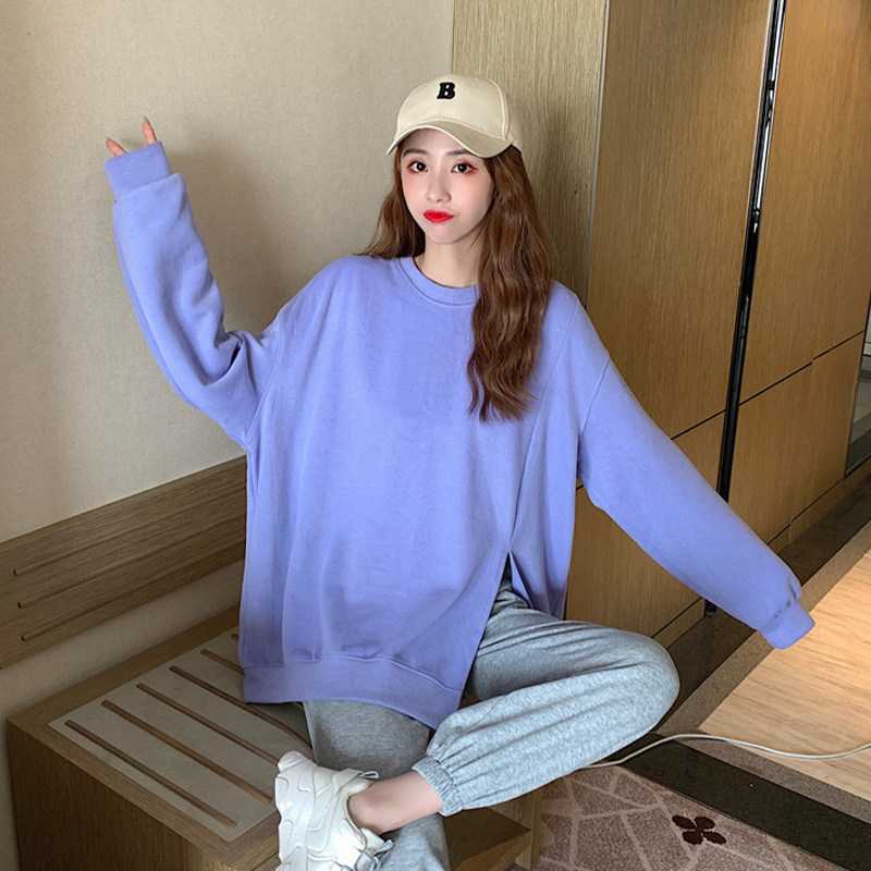 출산복 봄 가을 인터넷 연예인 긴팔 라운드 넥 스웨트 셔츠 슬릿 패션 대형 한국식 루즈 탑 출산복 트렌디