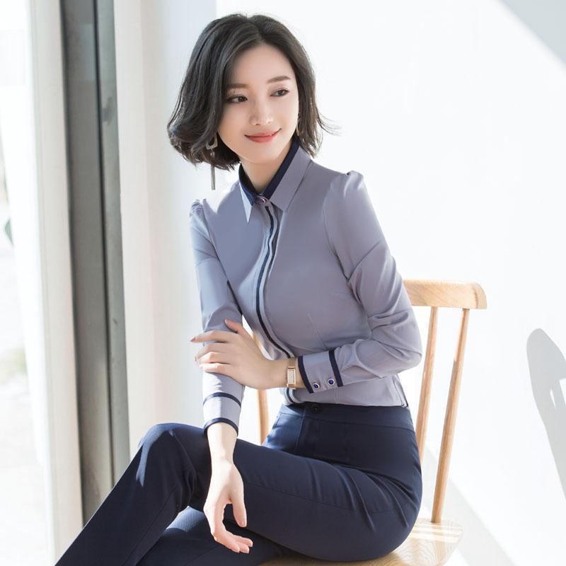 白衬衫女长袖暗扣职业正装修身显瘦新款韩版工作服白灰色职业