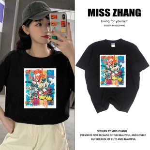 超火ins卡通短袖T恤女宽松大码洋气原宿港风夏装潮牌情侣装上衣