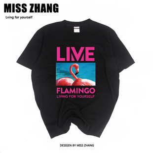 夏新款火烈鸟日系潮胖子大码情侣装圆领短袖t恤半袖班服半截袖夏