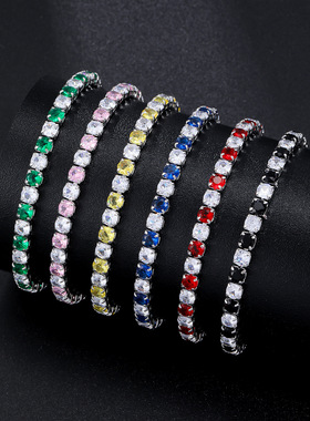 亚马逊跨境热卖4mm嘻哈网球手链间色锆石手链高级感轻奢手链批发