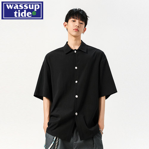 wassup tide日系休闲黑色POLO衫短袖t恤男款夏季潮牌五分半袖体恤
