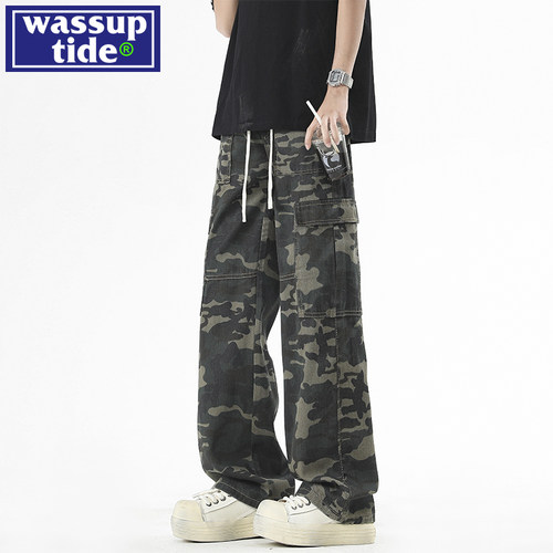 wassup tide潮牌迷彩工装牛仔裤男款春季2025新款水洗阔腿长裤子