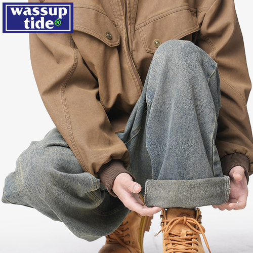 wassup tide复古加绒牛仔裤男款春秋季2025宽松直筒阔腿冬长裤子