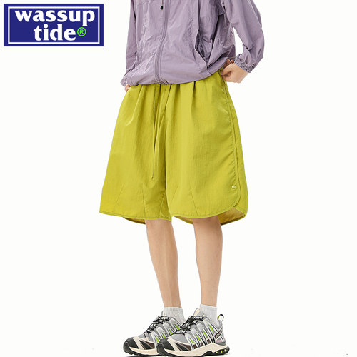 wassup tide户外运动绿色短裤男夏季薄侧纽扣速干五分运动篮球裤