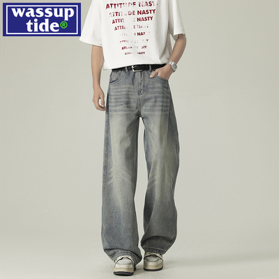 wassup tide复古做旧直筒牛仔裤男款春夏季2025款潮宽松阔腿裤子