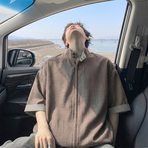 夏季男老钱风冰丝仿麻短袖开衫