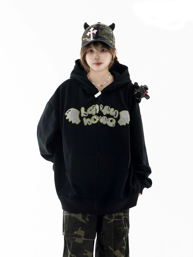 银狐绒搞怪恶魔角连帽开衫外套女秋冬宽松慵懒风设计情侣连帽卫衣