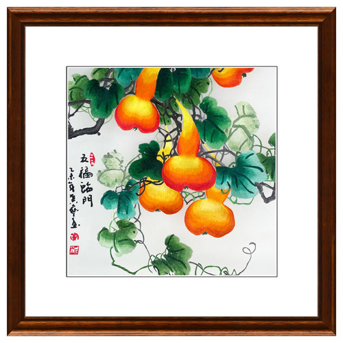 手工刺绣餐厅挂画五福临门