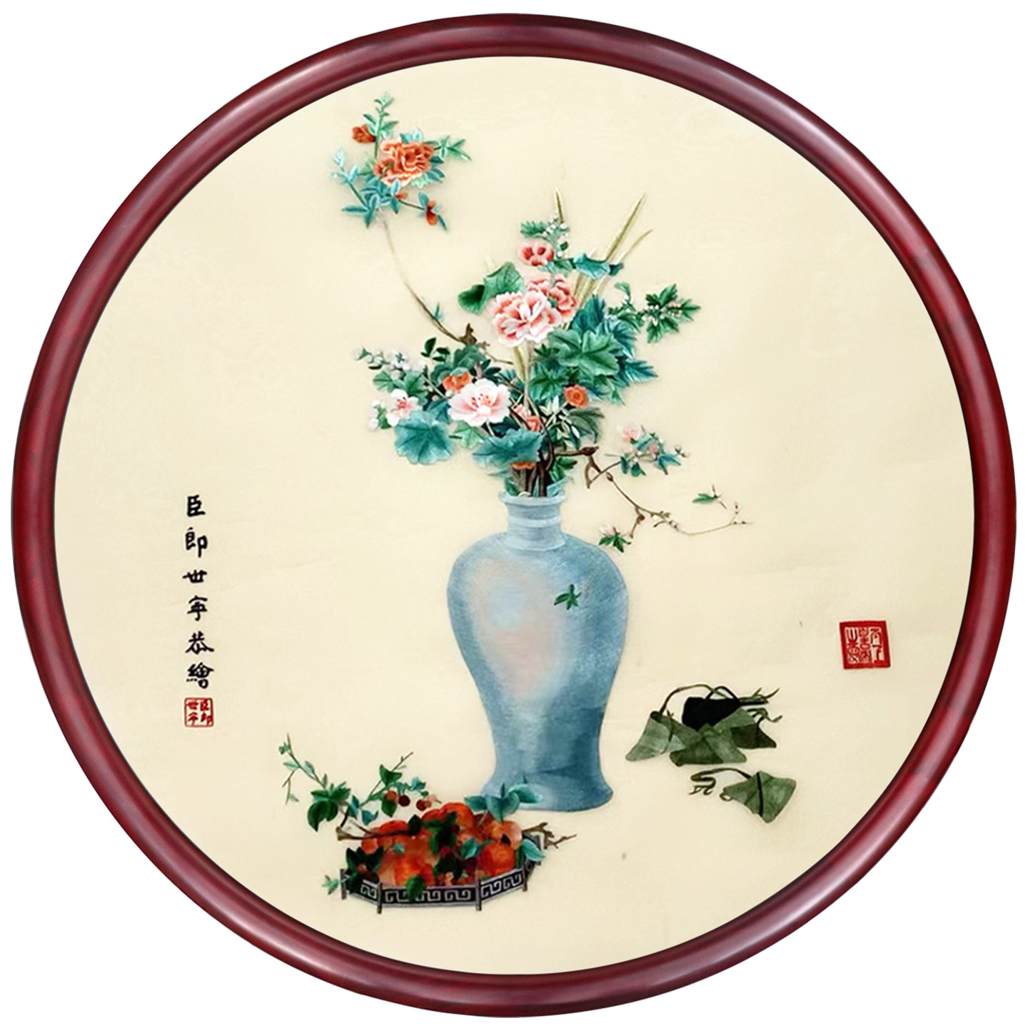 纯手工苏绣挂画花瓶中式古字画花卉传统圆形郎世宁静物刺绣装饰画