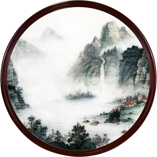 苏绣成品挂画客厅中式 饰圆形纯手工刺绣画 古典玄关走廊山水风景装