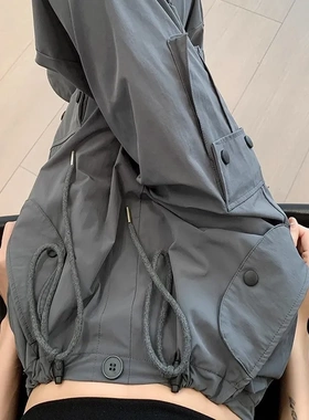 灰色工装裤女夏薄款2025新款宽松直筒裤美式高腰阔腿速干运动裤女