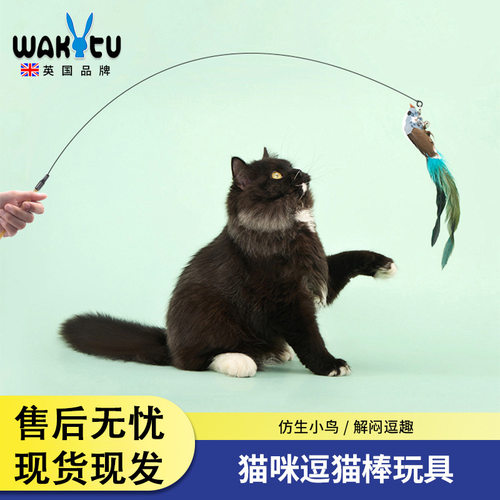 Wakytu英国逗猫棒 长杆钢丝带铃铛耐咬猫咪解闷小鸟羽毛宠物玩具