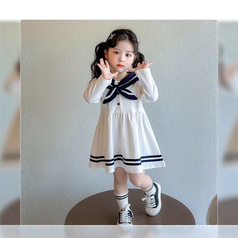 女童连衣裙春秋新款海军领长袖连衣裙小女孩学院风童裙跨境代发