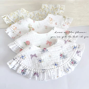 ins新款 宝宝绉纱大披肩花边口水巾公主宫廷风蕾丝珠珠边婴儿围嘴