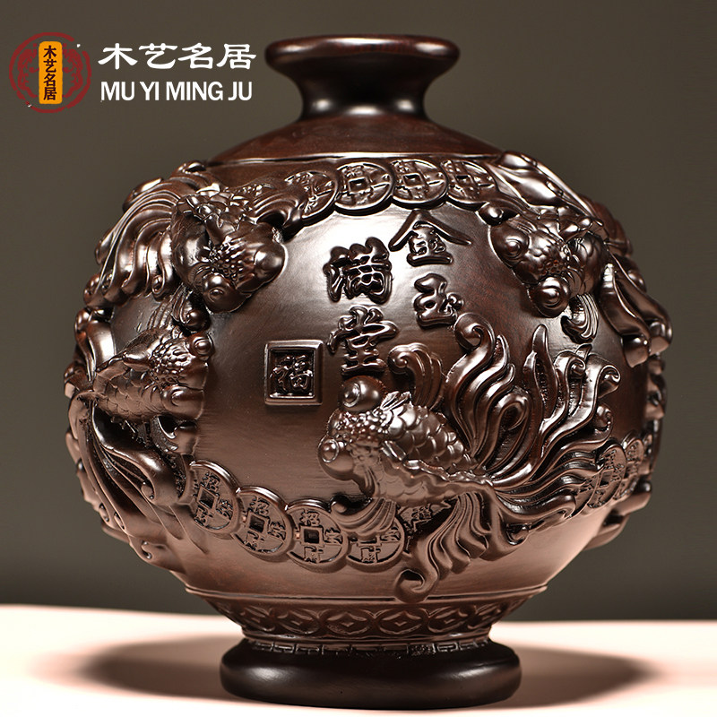 黑檀木精雕金玉满堂花瓶摆件玄关客厅插花装饰品家居实木质工艺品