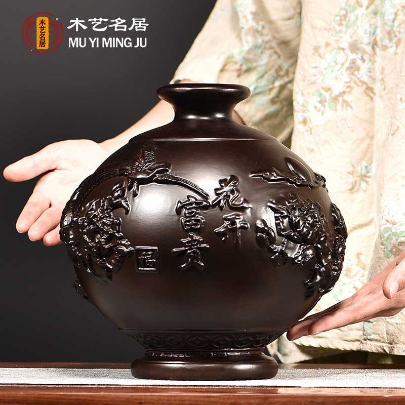 黑檀木雕花瓶摆件花开富贵客厅玄关办公室摆设公司开业送礼工艺品