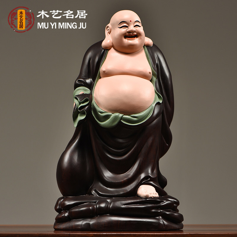 彩绘木雕弥勒佛像摆件实木雕刻布袋佛笑佛家居客厅送礼红木工艺品