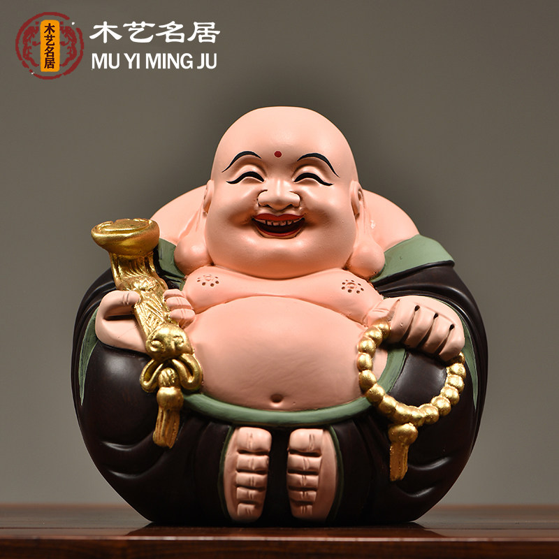 黑檀木雕刻弥勒佛坐笑佛像实木摆件家居电视柜红木装饰送礼工艺品