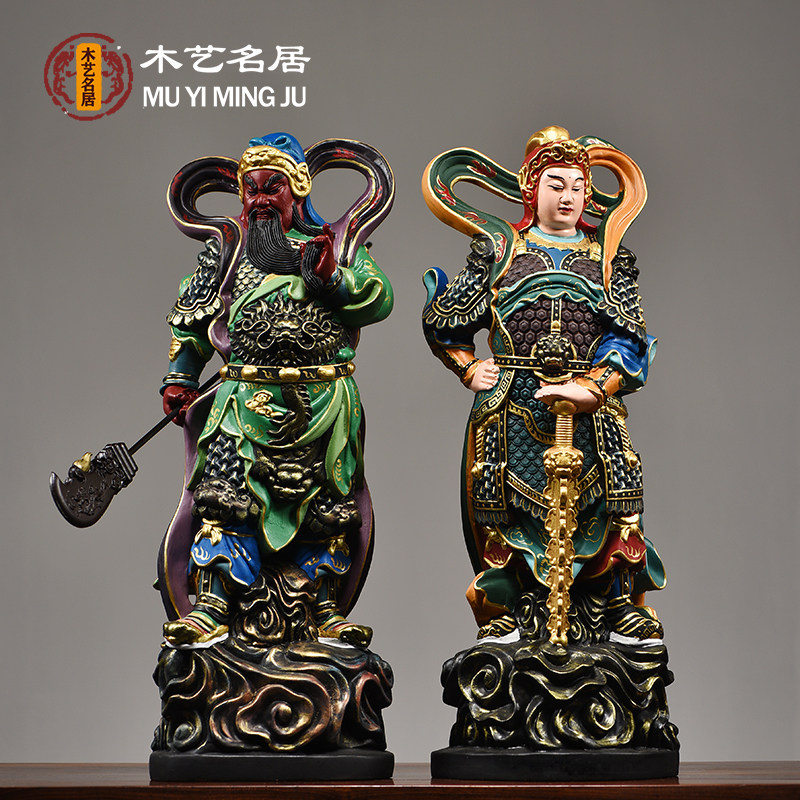 彩绘木雕伽蓝韦陀佛像新中式实木质摆件关公韦驮左右护法寺庙佛堂