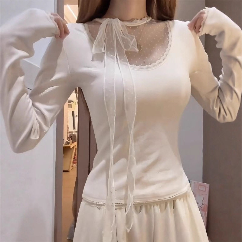 纯欲风蕾丝拼接系带蝴蝶结T恤女秋季新款修身波点长袖打底衫上衣