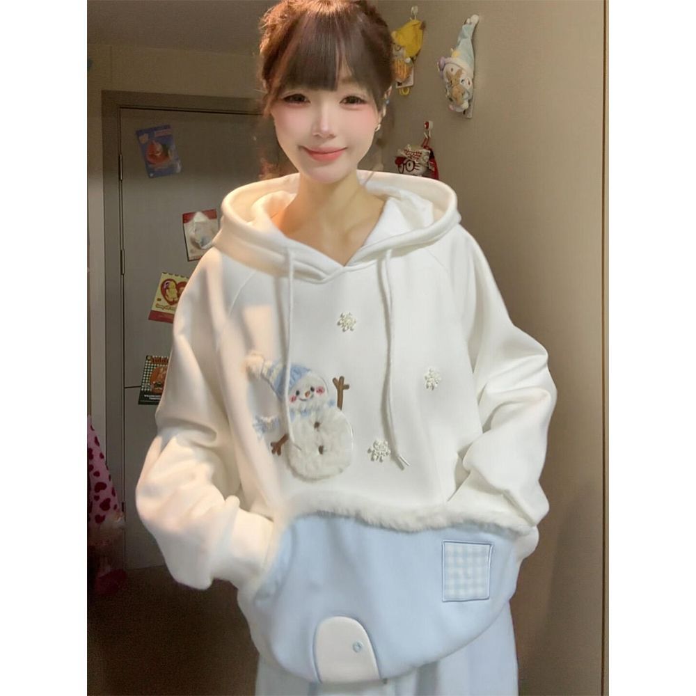 森女系部落甜美风卡通刺绣加绒连帽卫衣女百搭学生2025秋冬装上衣