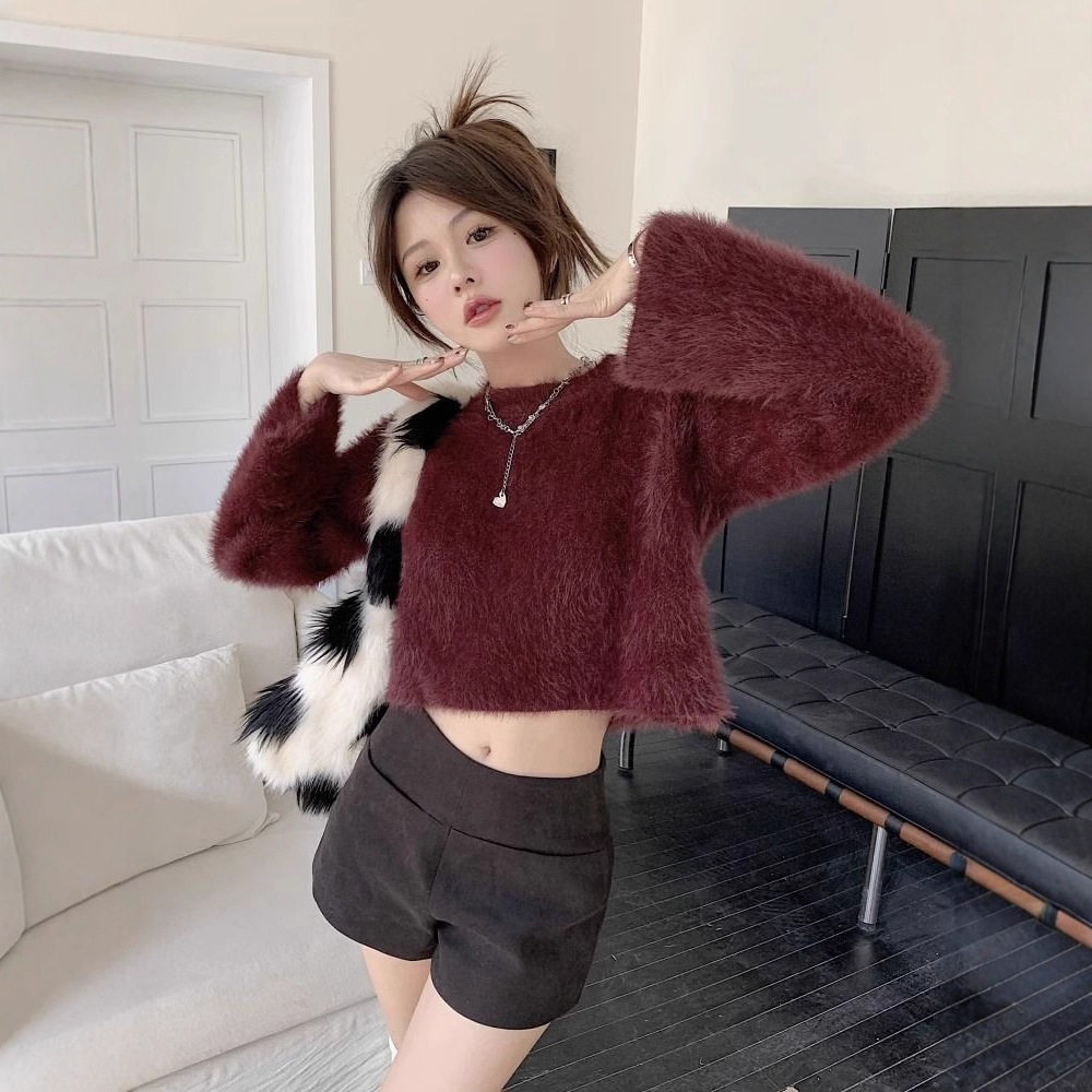 港味风格仿水貂绒毛衣女春秋新款宽松软糯短款上衣百搭长袖针织衫,女装/女士精品,毛针织衫,淘宝优惠券,粉丝福利购,淘宝优惠卷