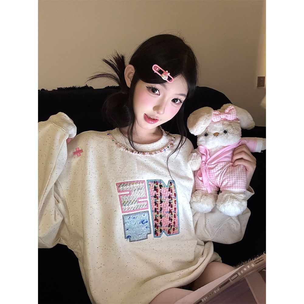 刺绣彩点圆领卫衣女秋冬加绒慵懒风小众设计感美式复古无帽上衣潮