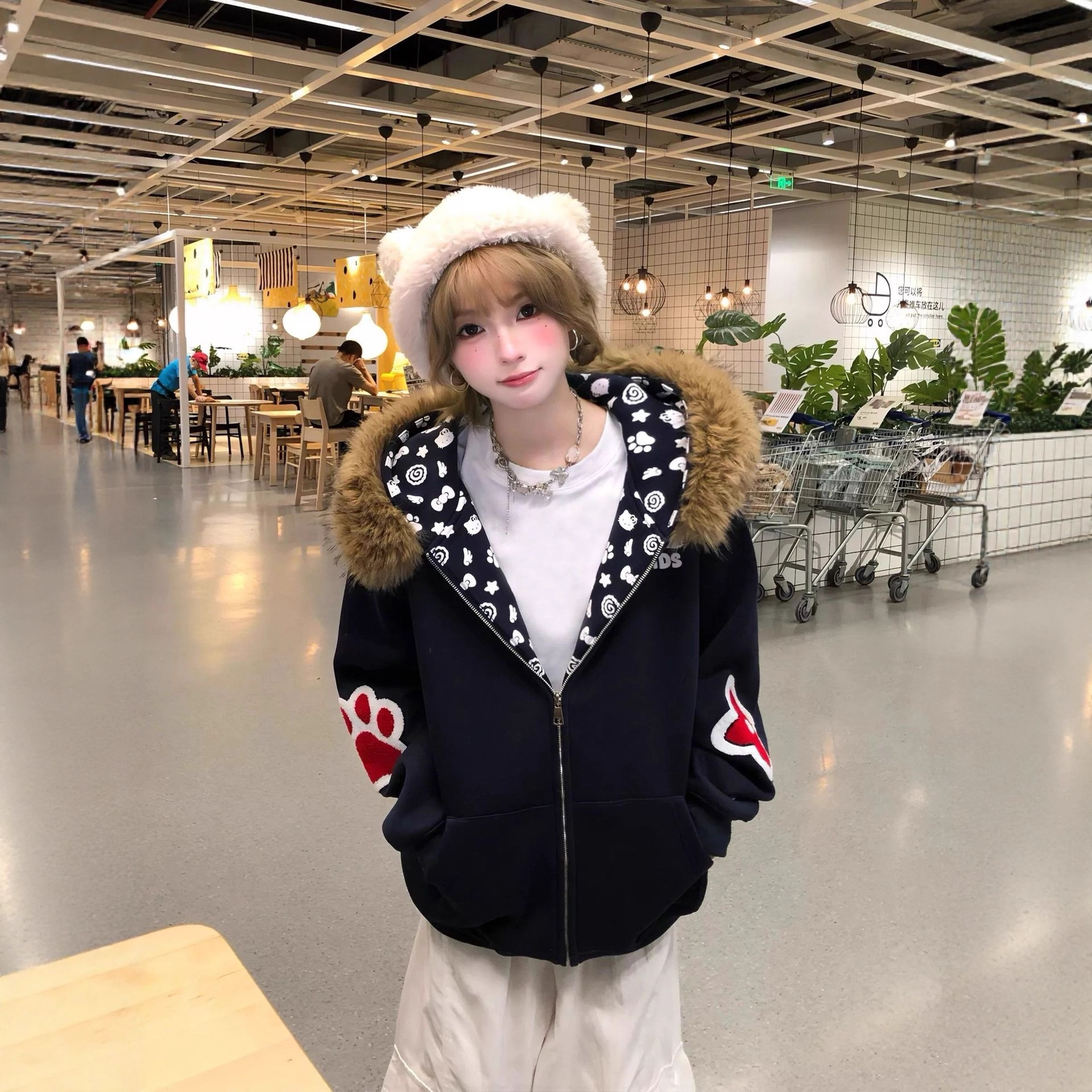 美式复古凯蒂猫毛领连帽卫衣女秋冬季新款加绒加厚宽松开衫外套潮