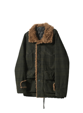 TZ killer复古格纹毛领工装外套 立领保暖裁剪毛绒棉服上衣男女冬