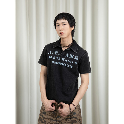 短袖美式印花水洗做旧