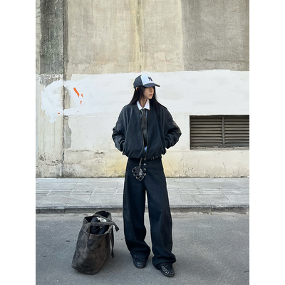 【TZ killer】JEANS 排扣黑色原牛宽松阔腿裤 弯刀廓形百搭牛仔裤