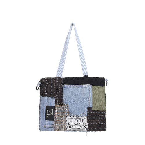 TZ killer Colored彩色多元素拼接包包双肩条纹斜挎包 补丁手提包