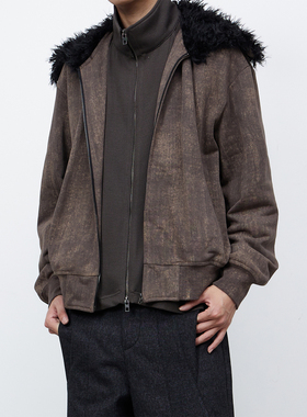 【TZ killer】FurCollar毛绒领蜡染卫衣外套复古做旧宽松夹克上衣