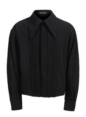 【TZ killer】PLEATED STRIPS褶皱尖领百搭长袖衬衫 肌理面料上衣