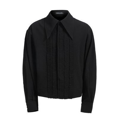 【TZ killer】PLEATED STRIPS褶皱尖领百搭长袖衬衫 肌理面料上衣