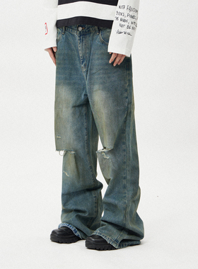 【TZ killer】DESTRUCTION 做旧水洗破洞牛仔裤 微喇百搭休闲长裤